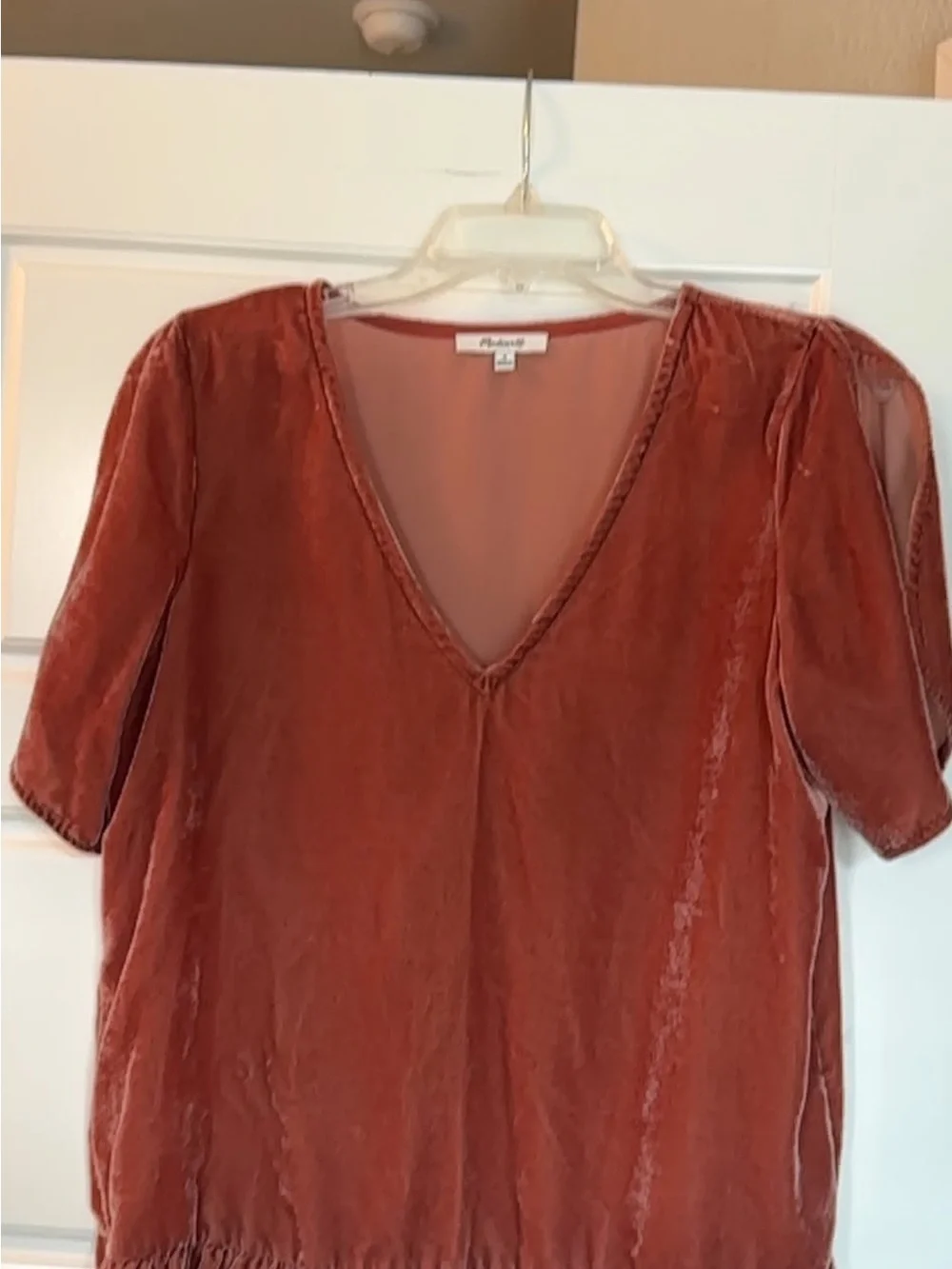 Madewell Rust Velvet V-Neck Puff Sleeve Blouse